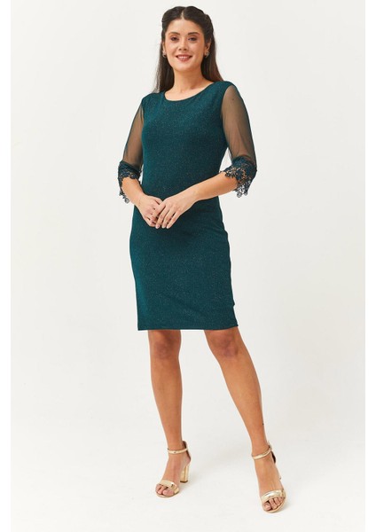 Kadın Büyük Beden Güpür Kol Detaylı Simli Yeşil Abiye & Gece Elbisesi modelleri