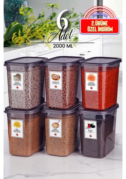 Tekno Trust Plastik 6'lı Etiketli Moly Dikdörtgen Erzak Saklama Kabı Seti 2000ML -Çoklu Yapılabilen Set Kapaklı