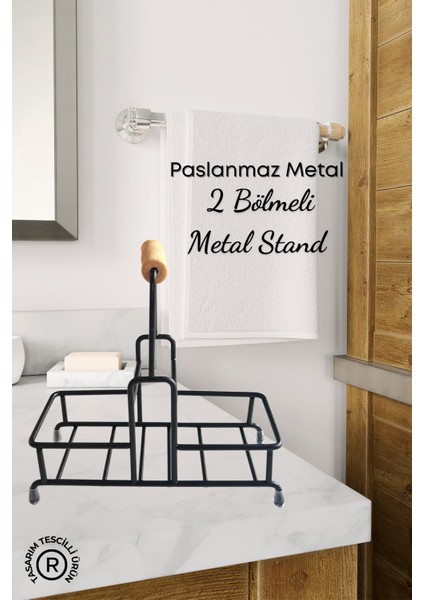 Tekno Trust Siyah 2 Bölmeli Çok Amaçlı Ahşap Kulplu Metal Stand Düzenleyici Organizer- Sıvı Sabunluk- Yağdanlık