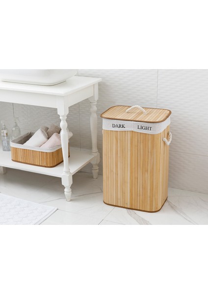 Tekno Trust Bambu Fancy Bambu Katlanabilir 2 Bölmeli Çamaşır Sepeti 40X30X60 cm Bej Type 0 Büyük (50+ Çap) 1 40