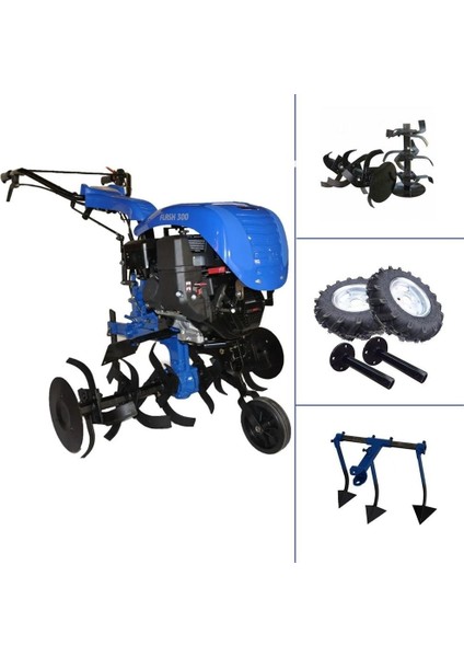 300 SR200 - 7hp Benzinli 3+1 Şanzımanlı Çapa Makinası - Demiray 3'lü Kazayak-Teker Takımı