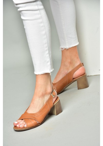P555452203 Taba Deri Kalın Topuklu Kadın Ayakkabı