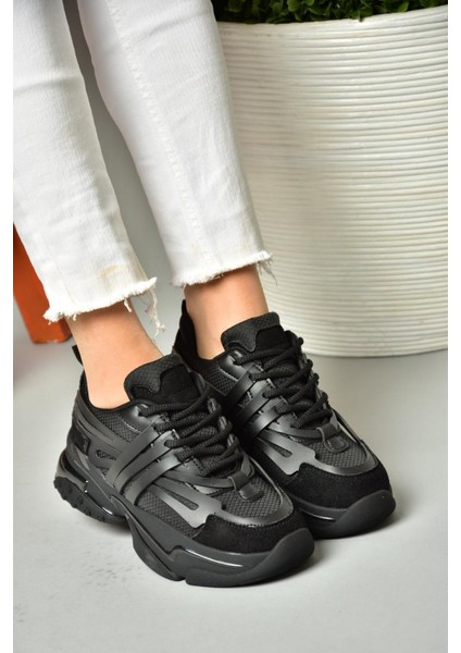S973602404 Siyah Kumaş Kalın Tabanlı Spor Ayakkabı Sneakers