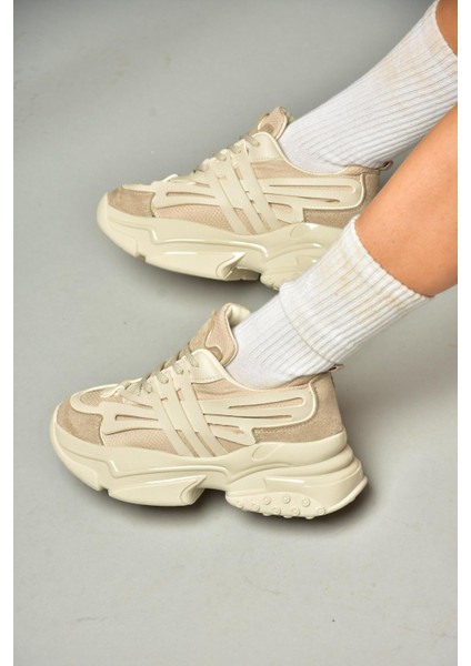 S973602404 Bej Kumaş Kalın Tabanlı Spor Ayakkabı Sneakers fırsatları