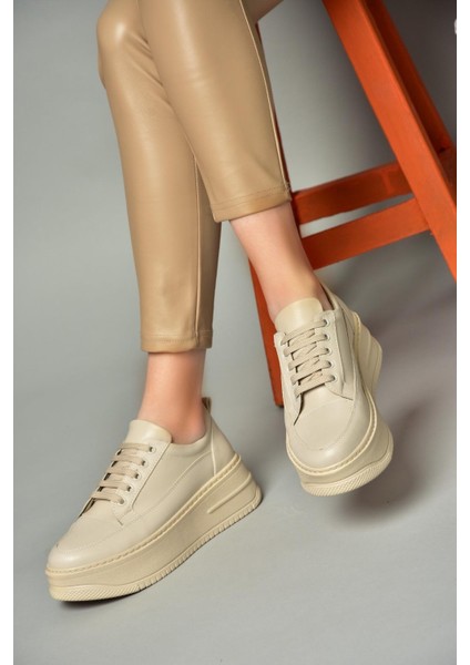 P274117509 Bej Yüksek Tabanlı Kadın Spor Ayakkabı Sneakers