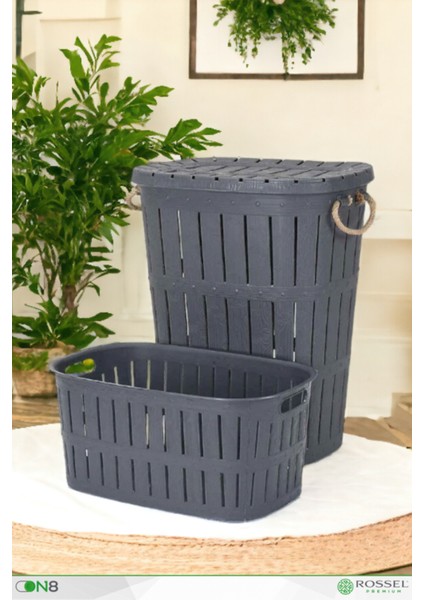 Tekno Trust Gri Bambu Halatlı Kirli Çamaşır Sepeti ve Selesi Ikili Banyo Seti Antrasit 1015GRİ-ANTRAS Plastik 6