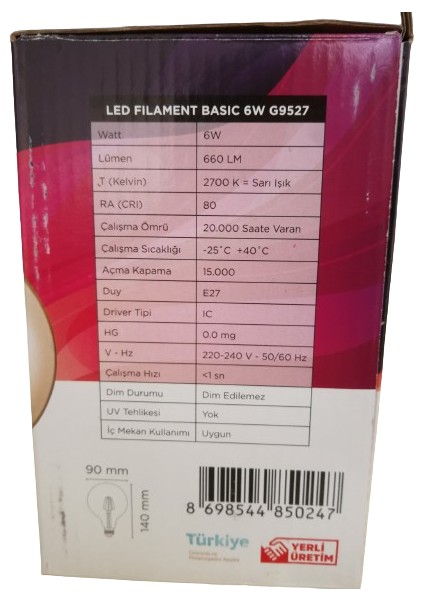 6W G95 Rustik LED Filamentli Ampul Sarı Işık 660 Lümen 2li Paket