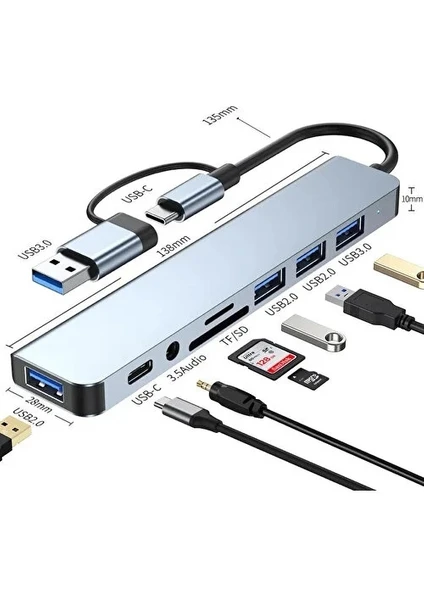 Macbook Pro Air Uyumlu USB Type-C Hub Dönüştürücü Çevirici USB Sd aux  8 Girişli