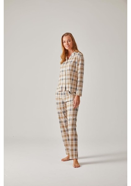 Yeşil Ekose Düğmeli Kadın Pijama Takım - M Beden