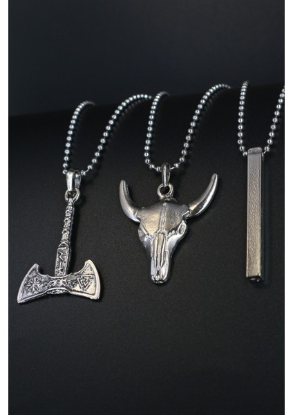 Tekno Trust Evet 3'lü Balta Boğa Çubuk Düz Bar Top Zincir Erkek Kolye Seti 3'lü Sembol Oversize Geçirmeli Tüm Y