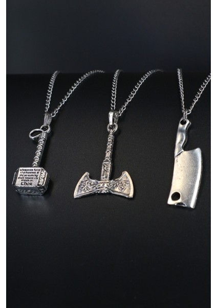 Tekno Trust Parlak 3'lü Thor Çekiç, Viking Balta ve Satır Erkek Kolye Seti Basic 3'lü Gümüş Kaplama Oversize Ev