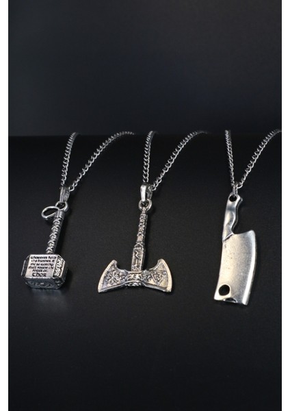 Tekno Trust Parlak 3'lü Thor Çekiç, Viking Balta ve Satır Erkek Kolye Seti Basic 3'lü Gümüş Kaplama Oversize Ev fiyatları