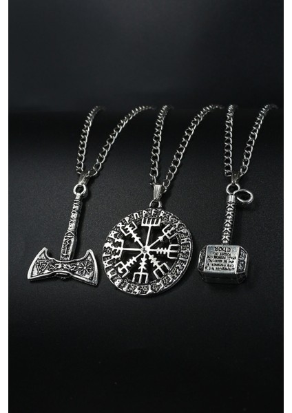 Tekno Trust Basic 3'lü Balta, Pusula Madalyon, Thor Çekiç Gümüş Renk Kolye Seti 0,1 Altı Fl Gümüş Kaplama Evet
