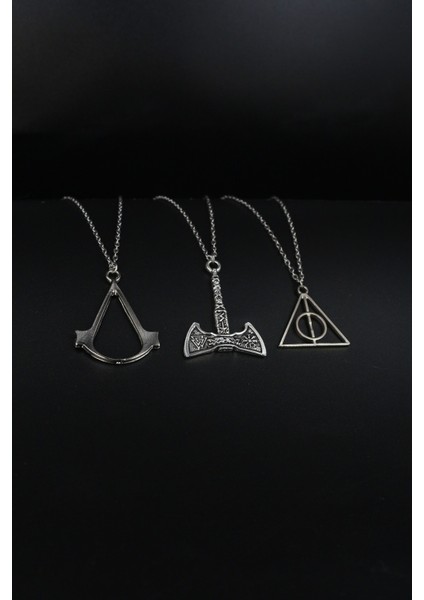 Tekno Trust Evet 3'lü Assassin's Creed, Viking Balta ve Harry Potter Gümüş Renk Erkek Kolye Seti Parlak Yok Ove