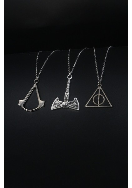 Tekno Trust Evet 3'lü Assassin's Creed, Viking Balta ve Harry Potter Gümüş Renk Erkek Kolye Seti Parlak Yok Ove modelleri