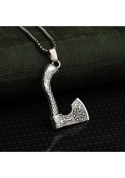 Tekno Trust Paslanmaz Çelik Iskandinav Nordik Figürlü Balta Çelik Kolye Gri Klipsli Yok