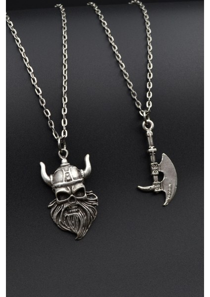 Tekno Trust Mat 2'li Viking Sakallı Kuru Kafa - Balta Erkek Kadın Kolye Seti 925 Ayar Gümüş Kaplama Sportswear