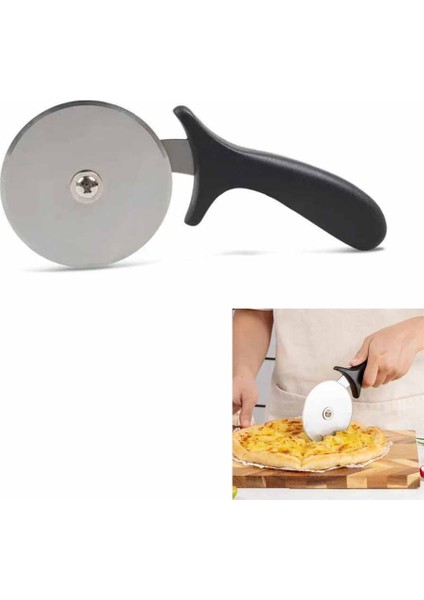 Pizza Kesici, Pizza Ruleti - 10 cm Çap - Rulet Kesici - Hamur Ruleti - Pizza Bıçağı, Siyah Çelik