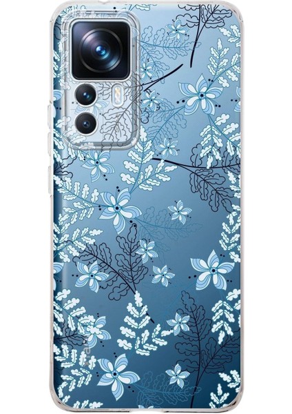 Xiaomi Mi 12T Pro Kamera Korumalı Kapak Floral Mavi Tasarımlı Şeffaf Kılıf