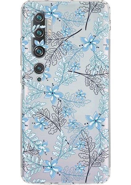 Xiaomi Poco X3 Kamera Korumalı Kapak Floral Mavi Tasarımlı Şeffaf Kılıf