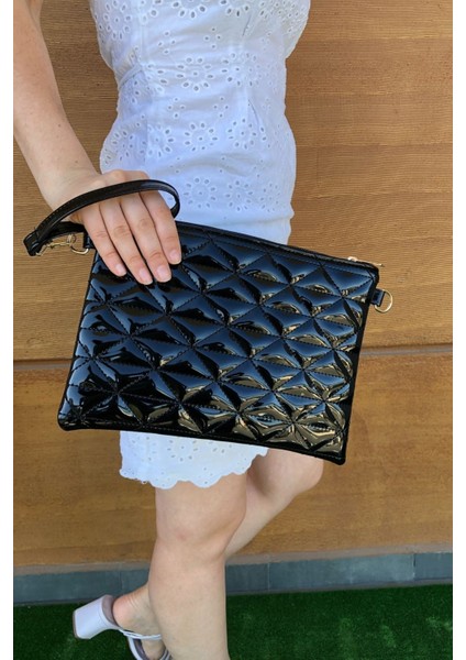 Tekno Trust Siyah Kadın Siyah Rugan Üçgen Desenli Portföy Clutch Çanta Tekli Suni Deri Kapitone Casual/günlük