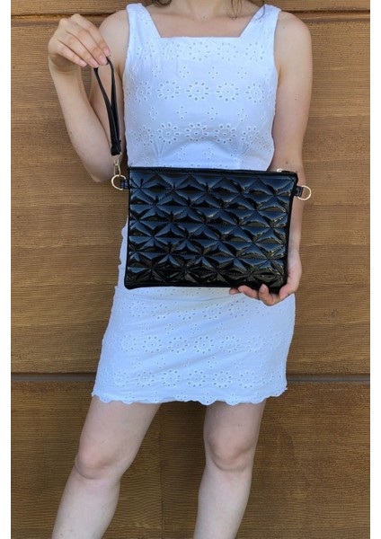 Tekno Trust Siyah Kadın Siyah Rugan Üçgen Desenli Portföy Clutch Çanta Tekli Suni Deri Kapitone Casual/günlük fiyatları