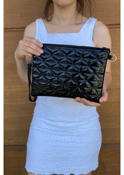 Tekno Trust Siyah Kadın Siyah Rugan Üçgen Desenli Portföy Clutch Çanta Tekli Suni Deri Kapitone Casual/günlük modelleri