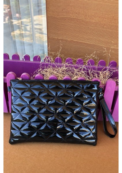 Tekno Trust Siyah Kadın Siyah Rugan Üçgen Desenli Portföy Clutch Çanta Tekli Suni Deri Kapitone Casual/günlük fırsatları