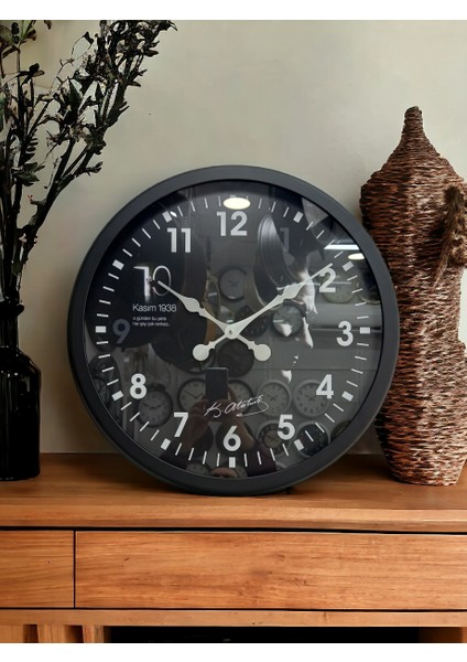 Siyah Metal Çerçeveli Atatürk Duvar Salon Ofis Saati Çap 60 cm