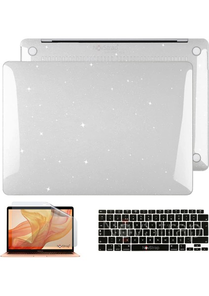 Apple MacBook Air M1 Çip 13 Inç A2337 ile Uyumlu Simli Kılıf + Siyah Klavye Kılıfı + Film