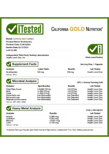 California Gold Nutrition, Benfotiamine, 150 Mg, 30 Veggie Capsules indirimleri