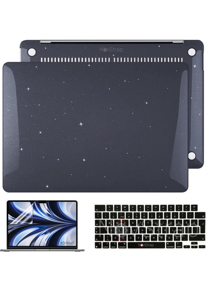 Apple MacBook Air M2 13.6 Inç A2681 ile Uyumlu Simli Kılıf + Siyah Klavye Kılıfı + Film