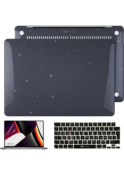 Apple Macbook Pro 16 Inç M1 M2 A2485 A2780 ile Uyumlu Simli Kılıf+Siyah Klavye Kılıfı+Film