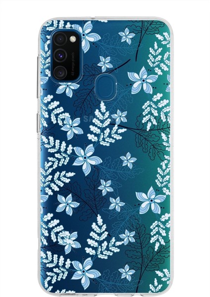 Samsung Galaxy M30S Kapak Floral Mavi Tasarımlı Şeffaf Süper Silikon Kılıf