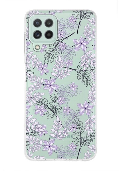 Samsung Galaxy M22 Uyumlu Kapak Floral Lila Tasarımlı Şeffaf Süper Silikon Kılıf