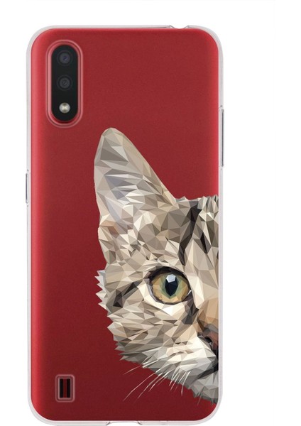 Samsung Galaxy A01 Uyumlu Kapak Catface Tasarımlı Şeffaf Süper Silikon Kılıf