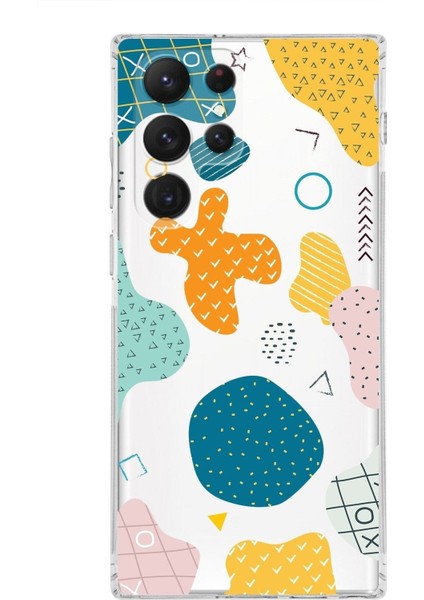 Samsung Galaxy S23 Ultra Kamera Korumalı Kapak Geometrik Şekiller Tasarımlı Şeffaf Süper Silikon Kılıf