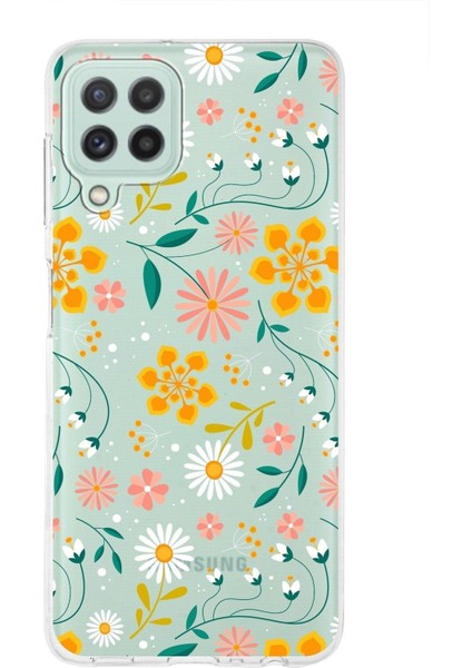 Samsung Galaxy A22 Uyumlu Kapak Çiçek Tasarımlı Şeffaf Süper Silikon Kılıf