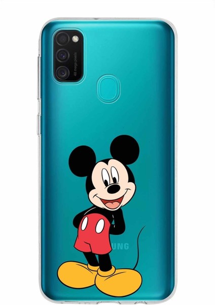 Samsung Galaxy M21 Kapak Mickey Mouse Tasarımlı Şeffaf Süper Silikon Kılıf