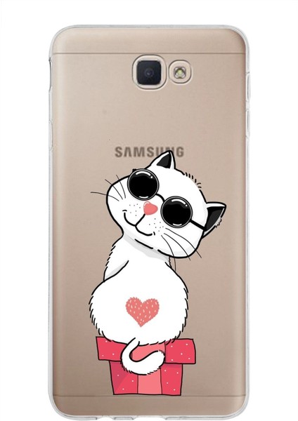 Samsung Galaxy J7 Prime Kapak Cool Cat Tasarımlı Şeffaf Süper Silikon Kılıf