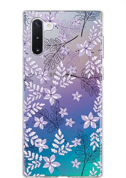 Samsung Galaxy Note 10 Kapak Floral Lila Tasarımlı Şeffaf Süper Silikon Kılıf