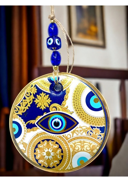 Sarı Motifli Mavi Işlemeli Nazar Boncuk Gözlü Duvar Süsü