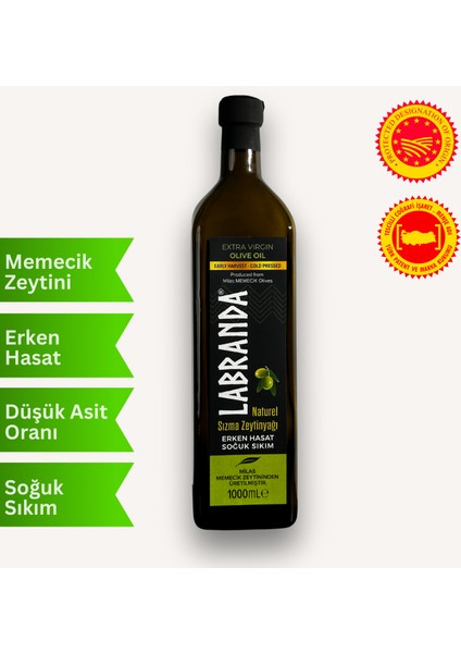 Soğuk Sıkım Erken Hasat Organik Zeytinyağı Marasca Cam Şişe 1 lt