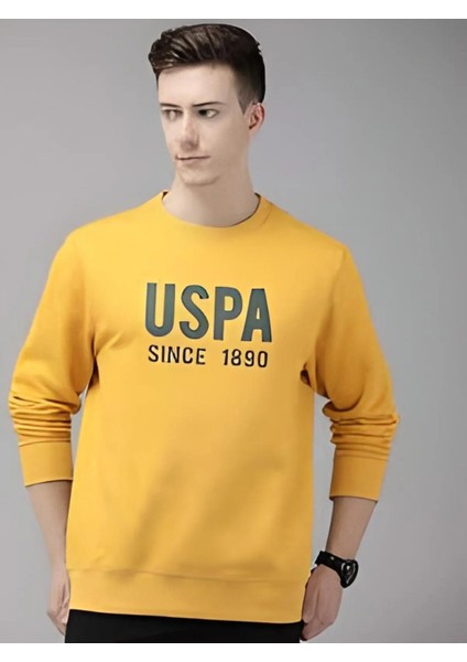 Erkek Hardal Bisiklet Yaka Baskılı Sweatshirt