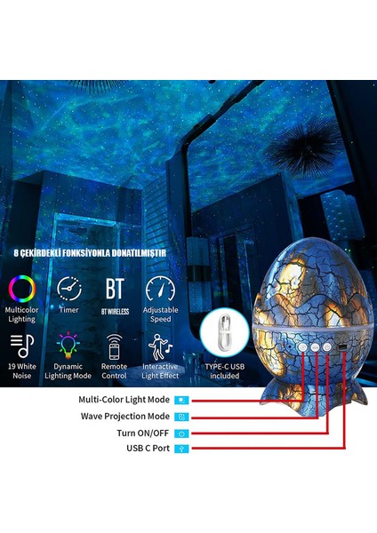 Moje More Dinozor Yumurtası Galaxy Projektör, Gökyüzü Projeksiyon Gece Lambası, USB Girişli Bluetooth Hoparlör
