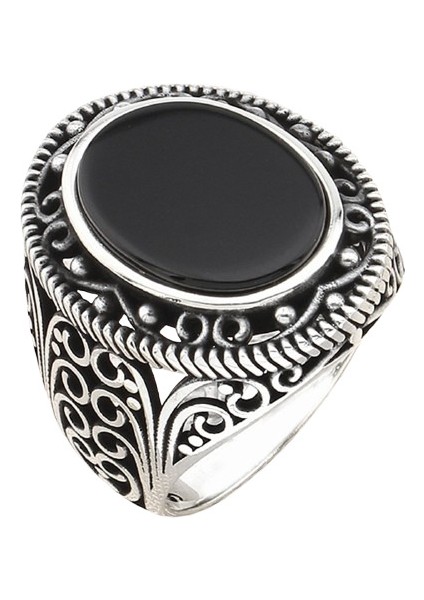 Erkek Yüzük Gümüş 925 Gotik Desenli Oval Taşlı
