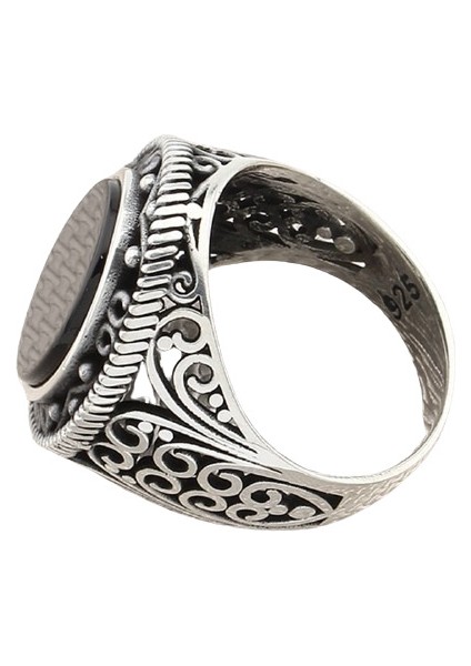 Erkek Yüzük Gümüş 925 Gotik Desenli Oval Taşlı