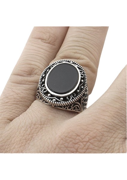 Erkek Yüzük Gümüş 925 Gotik Desenli Oval Taşlı