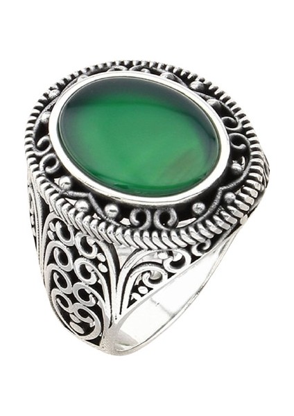 Erkek Yüzük Gümüş 925 Gotik Desenli Oval Taşlı
