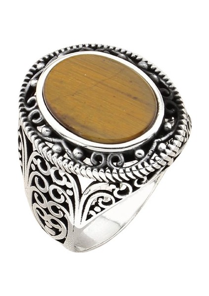 Erkek Yüzük Gümüş 925 Gotik Desenli Oval Taşlı